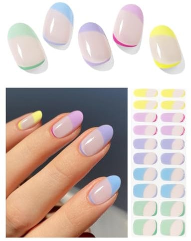 AutyaMee Semi Cured Gel Nail Strips (Macaron French), 20 Pcs Gel Nail Wraps, Stickers, UV Light Required, Salon Quality, Long Lasting
