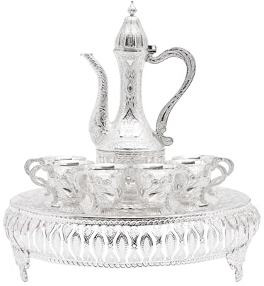 Vielrosse Vintage Türkische Kaffeekanne Set, Türkische Teekanne aus Metall mit Tablett und 6 Teegläser, Kaffeetasse Set für Home Tea Party (Silber)