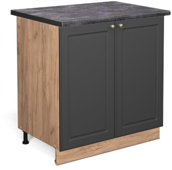 Vicco Küchenunterschrank Fame-Line, Anthrazit-Gold, 80 cm | MDF-Front · Arbeitsplatte Anthrazit · Höhenverst. Füße · Metallgriffe · Soft-Close