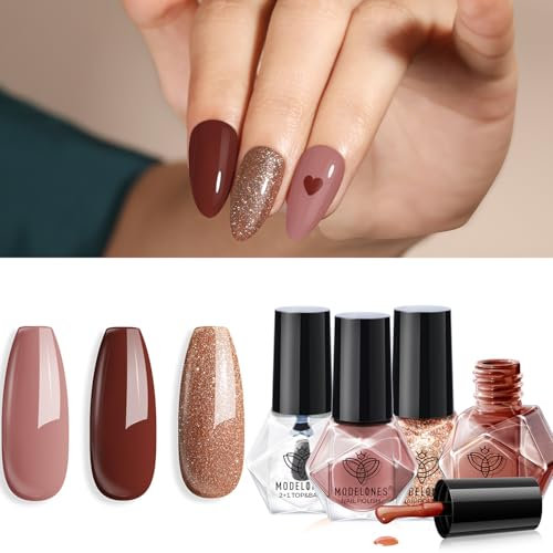 Modelones Nail Polish Set 3 Colors Autumn Brown Nail Polish Kit with Base and Top Coat & Remover Pad Bubble Natural Skin Tone Glitter Finger Nail Polish Manicure Diy Nail Art Salon Home
