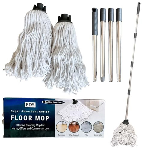 EDS Cotton Mop for Floor Cleaning with 2 Reusable Mop Heads & 120cm Long Stainless Steel Handle Looped String for Cleaning Hardwood Tile Marble Vinyl Laminate Home Lobby Kitchen Office (PACK OF 1)