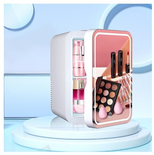YIHANSS Mini Fridge For Bedroom, With Led Mirror, 8L Capacity Mini Fridge For Dorm, Hot And Cold, Car And Home Dual Use Tiny Fridge, Cosmetic Fridge For Skincare,Pink (White)