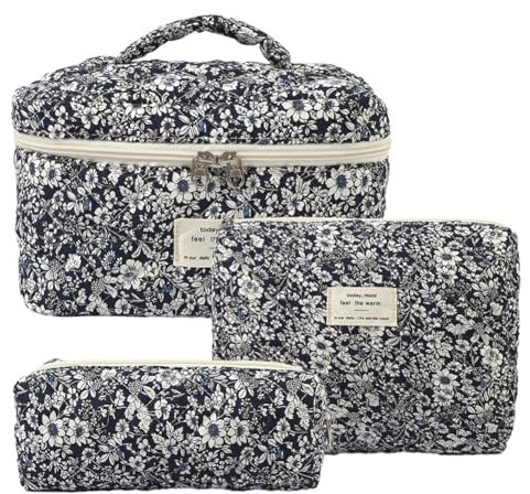 Rockreyoa Reise Kosmetiktasche Coquette Kosmetiktasche aus Baumwolle Groß Make Up Tasche Organizer mit Bürstenfach Kawaii Kulturbeutel Blumen Gesteppte Kulturtasche Schwarze Rosen 26 * 7 * 18cm