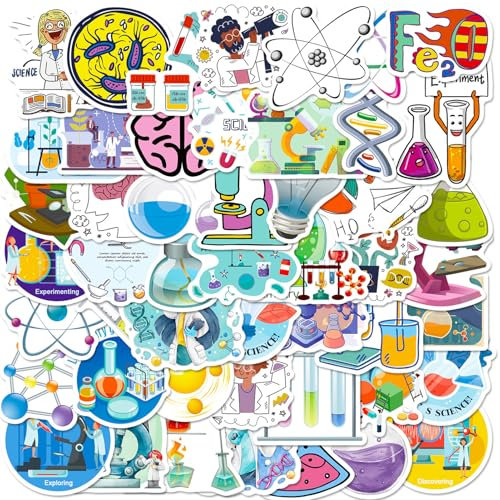 Qpout 50 Pcs Science Laboratory Stickers,No Repeating Physical Chemistry Experiment Sticker Pack Suitable for Teenage Students Guitar Water Bottle Luggage Computer Case Desktop Decoration