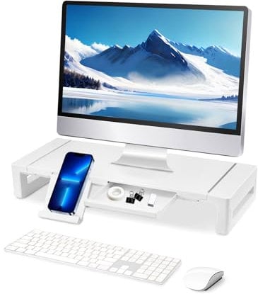 Holdfiturn Adjustable Computer Monitor Riser with Smartphone & Tablet Stand Holder, Foldable Width Stand for Laptop, Printer, Mesh Surface (White)