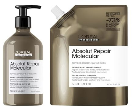 L'Oréal Professionnel Shampoo-Set für strukturgeschädigtes Haar, Zur molekularen Tiefenreparatur, Serie Expert, Absolut Repair Molecular Shampoo 500ml & Shampoo Nachfüllbeutel, Refill 500ml