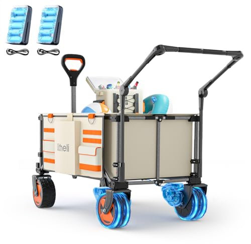 Litheli Carrello elettrico pieghevole, pieghevole, doppio motore con freni, portata 150 l, 60 kg, adatto per campeggio, giardino, spiaggia, shopping (beige + asta di spinta)