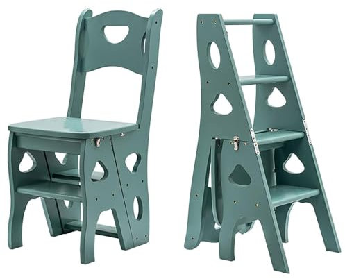 Folding Wooden Library Ladder Chair 4 Step Multifunctional Portable Step Stool Display Stand for Home Green (35x47.5x88cm)