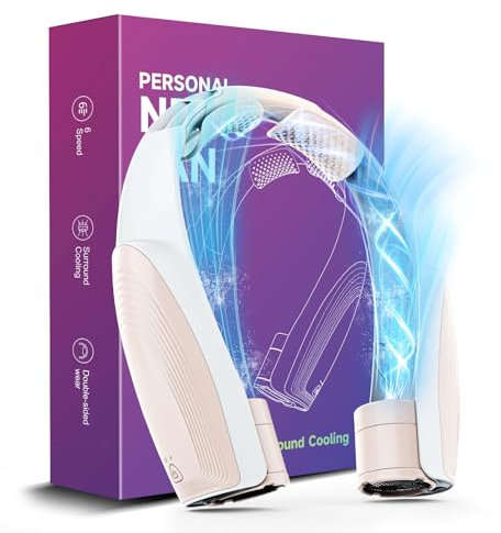 AI Ventilateur de cou portable avec 6 vitesses puissantes, ventilateur personnel ultra silencieux à piles 8000 mAh, rotatif, pour femmes, hommes, bureau, voyage