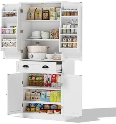 Generisch Vorratsschrank, 4 Türen und 1 Schublade, 2 Türen mit Einlegeböden, 6 Fächer und 4 verstellbare Einlegeböden, für Küche, Esszimmer und Wohnzimmer, weiß