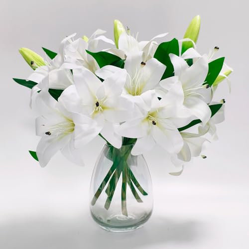 MUSHUI 21 Köpfe Künstliches Lilien-Set mit 14 Blüten + 7 Knospen, Kurzem Stiel, Gefälschte Blumen für Büro/Hochzeit/Wohnraumdekor/Feiern/Blumenarrangements/Strauß-Basteln/Grabdekoration, Weiß