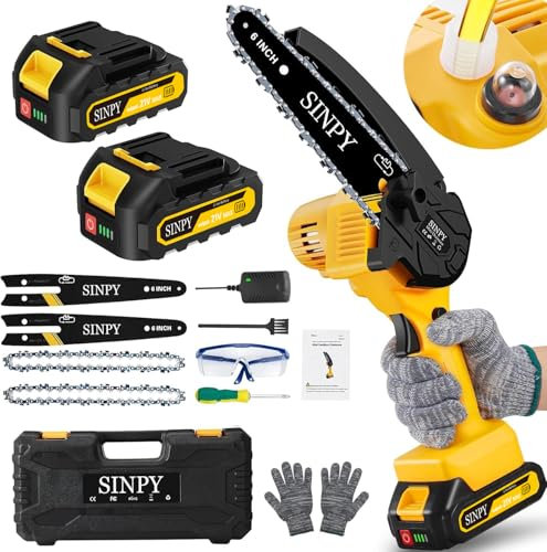SINPY Mini motosega batteria 15,2 cm (6), 6000 mAh, con blocco di sicurezza, catena in acciaio al manganese e olio automatico, mini motosega elettrica