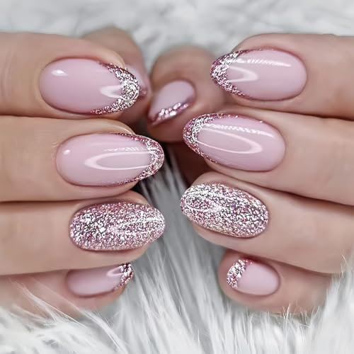 24Pcs French Tip Press on Nails Short, Glossy Pink Glitter Fake Nails with Tool Stickers, Oval Acrylic Stick on for Women Full Cover Nail Art