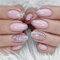 24Pcs French Tip Press on Nails Short, Glossy Pink Glitter Fake Nails with Tool Stickers, Oval Acrylic Stick on for Women Full Cover Nail Art