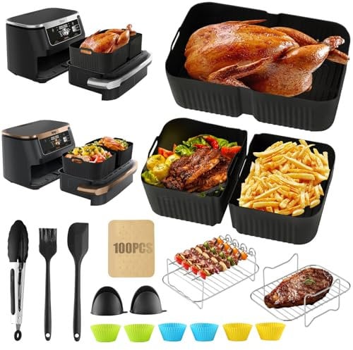 Juego de accesorios para freidora de aire (20PCS), moldes de silicona de gran tamaño para Ninja Foodi Flex 10,4 L AF500EU (1 x 10,4 L + 2 x 5,2 L), molde silicona freidora de aire, rejilla para asar