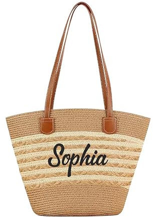Jeweidea Sac de Plage Personnalisé pour Femme avec Nom Sac Cabas en Paille, Sac Travail Femme, Tote Bag pour Shopping, Plage, Natat (C)