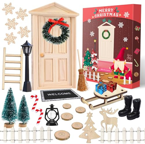 Wichteltür Zubehör Weihnachts Set - 29Pcs Wichtelhaus Weihnachtsdeko, Wichtel mit Weihnachtsgeschenkbox, Weihnachtsbaum Dekokranz mini Garten Mobel Ornamente, Weihnachten Geschenk