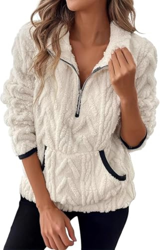 Crsiphee Women's Sherpa Fleece Pullover Half Zip Plush Teddy Fleece Sweatshirt with Pockets Cozy Oversized Winter Outwear for Fall and Winter 2025 White L