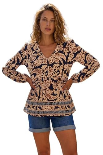 Roman Originals Paisley Print Tunic Top for Women UK - Ladies Everyday Autumn Winter V-Neckline Comfy Soft Evening Vacation Work Party Night Out