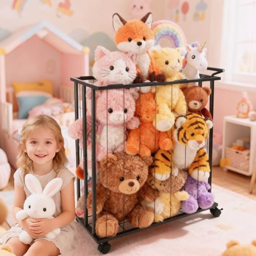 Stuffed Animals Storage with Wheels, Metal Stuffed Animal Zoo Organizer with Elastic Bands, Cuddly Toy Shelf Storage Cage, Large Soft Plush Toys Holder Organiser for Kids Room Bedroom Nursery Playroom