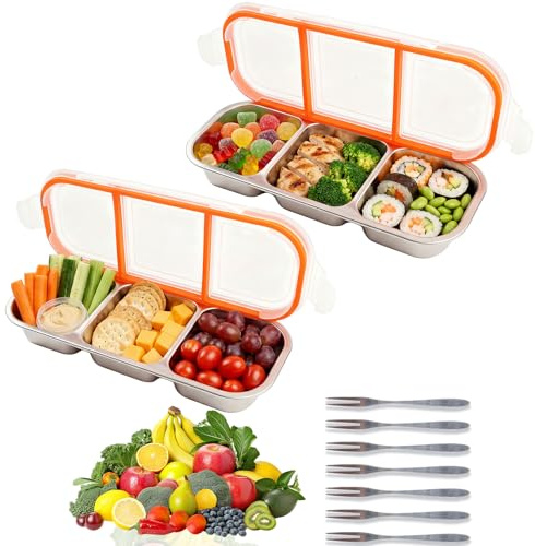 XIANJIA 2 Stück Snackbox Edelstahl mit Fächern mit 6 Forks | Maschinenwaschbar Snack Brotdosen Auslaufsicher, Snackbehälter für Kinder und Erwachsener