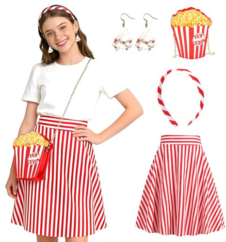 PANMAY Popcorn Kostüm, 4PCS Vintage Kellner Kostüm im 50er Jahre Stil, Rot-Weiß Gestreifte Faltenrock Umhängetasche Ohrringe Haarreif Karneval Zirkus Cosplay Party（No top）