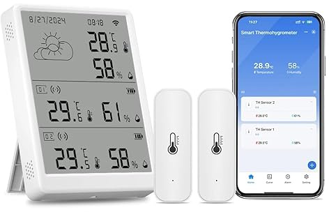 Smart Wetterstation WLAN, Temperatur & Luftfeuchtigkeit, 2x Außensensor Funk 433 MHz, erweiterbar bis 10 Sensoren, USB-C 5V, kompatibel mit Tuya Smart/Smart Life, Alexa & Google Assistant