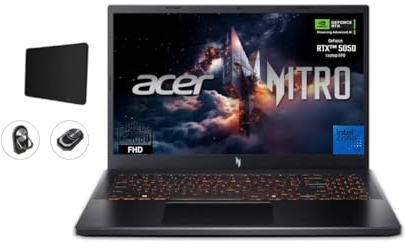 acer Nitro V Ordinateur portable de jeu, écran FHD IPS de 15,6, 165 Hz, Intel i5-13420H, NVIDIA GeForce RTX 5050 avec 8 Go de RAM GDDR7, 16 Go de RAM, 512 Go SSD, BK, Win11H, noir obsidienne, deux