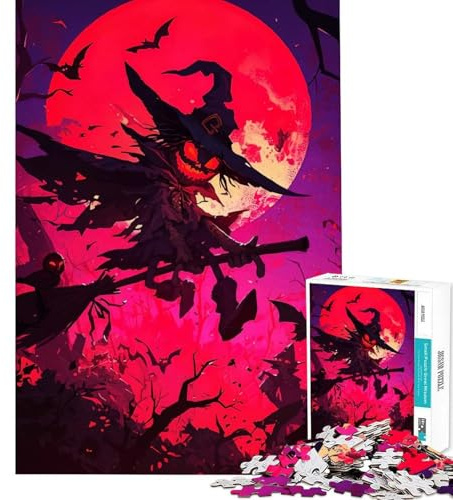 1000 Piece Jigsaw Puzzle for Adults Halloween Witch Flying on Broomstick Brain Game Gift Accurate Joint Fun Idle Time Game (38x26cm)