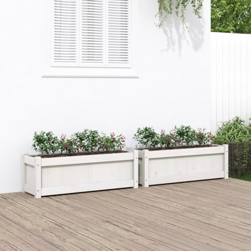Brokky Jardinera Alto Madera de Pino Jardinera de Madera Jardinera terraza jardín Macetero Grande Exterior, Maceta Alta Exterior y Terraza, Maceta Grande-Blanco-90x31x31 cm/2 uds