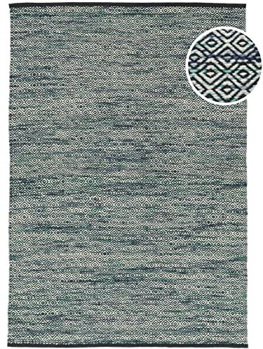 RugVista, Hugo, Teppich, Mittelflor Teppich, 160 x 230 cm, Rechteckiger, Moderner Kelim Teppich, Bambusseide, Flur, Schlafzimmer, Küche, Wohnzimmer, Petrol, Schwarz