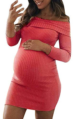 Femme Robe Pull Hiver Chaud Confortable De Maternité Femme BéBé Allaitant Enceinte Grossesse Robe Tricot Manche Longues Epaule Denudee Grand Taille Dress (L(EU46), Rouge)