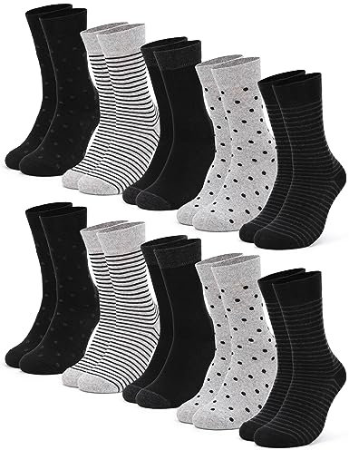 Occulto Lot de 10 Paires de Chaussettes Parsemaient et Rayé pour Femmes | Chaussettes Femme en Coton Multicolores à Pois et Rayures 35-38 10 Paires Noir