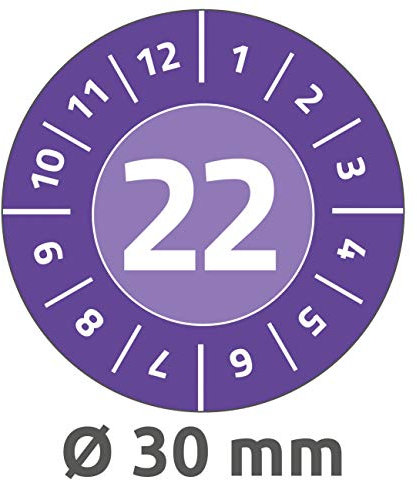 AVERY Zweckform 80 Stück Prüfplaketten 2022 (fälschungssicher, stark selbstklebend, Ø 30 mm, Prüfaufkleber, beschriftbare Prüfsiegel aus Dokumentenfolie) 6946-2022 violett