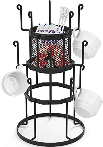 Mug Tree Stand, Kitchen Mug Hooks Drying Storage Rack, Vintage-Style Metal Coffee Cups Stand for Glasses and Cups (Black)