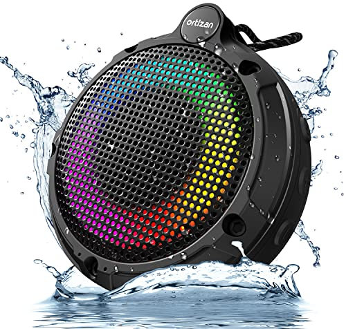 Ortizan Bluetooth Shower Speaker, IPX7 Waterproof Mini Speaker with LED Lights, Portable Outdoor Wireless Speaker with 8W & 24H Playtime, Perfect for Shower, Bike, Hike, Support TF Card, FM Radio