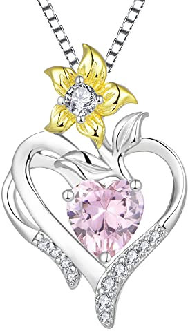 YL Collier Coeur Argent 925 couper Octobre Pierres de Naissance Rose Oxyde de Zirconium Pendentif Fleur de Lys pour Femme, Chaîne 45+3CM