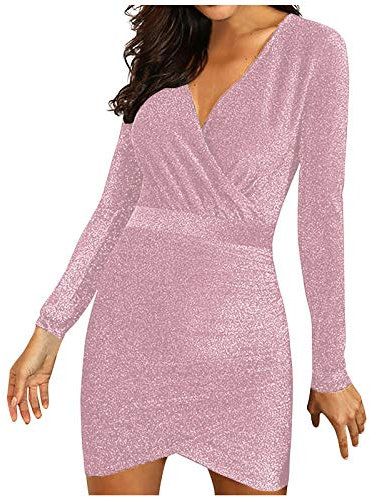 BOTCAM Abito da ballo, da donna, corto, con brillantini, elegante, per matrimoni, donne, scollo a V, a maniche lunghe, slim fit, sexy, aderente, da cocktail, da sera, da ragazza, Colore: rosa., S