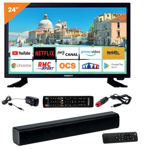 ANTARION Pack TV LED 24 60cm Televisor Smart TV 12V + Barra de Sonido 30W