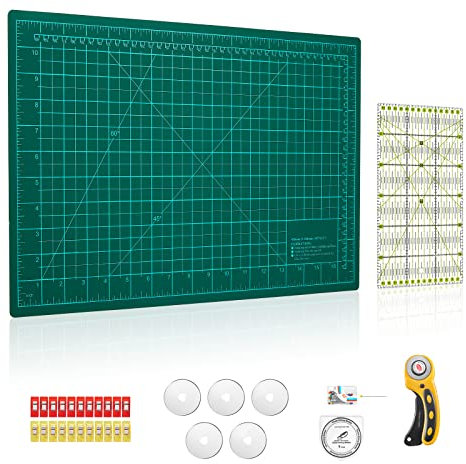 A3 Schneidematte Set, Selbstheilende Schneideunterlage, Doppelseitig Rastern inkl.Rollschneider, 5x Ersatzklinge, 20x Befestigungsclip, 40 x Quiltnadel und 1x Nählineal