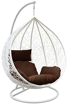 Rattan Swing Egg Chair with Stand Outdoor Indoor Garden Patio Hanging Egg Chair with Cushion (White Egg Chair & Brown Cushion)