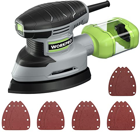 WORKPRO Ponceuse de détails, ponceuse électrique compacte 13 000 OPM avec 15 papiers de ponceuse, ponceuse à main 1,6 A pour espaces restreints