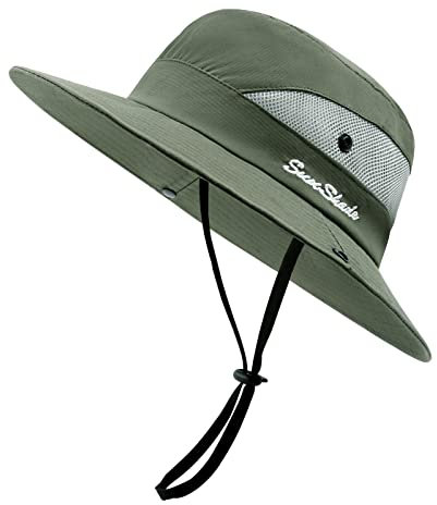 SEYUFN Damen Sonnenhut Outdoor Sommer Wanderhut Damen UV-Schutz Bucket Cap Faltbar Mesh Pferdeschwanz Breite Krempe Zum Safari Angeln (A-Pures Militärgrün)