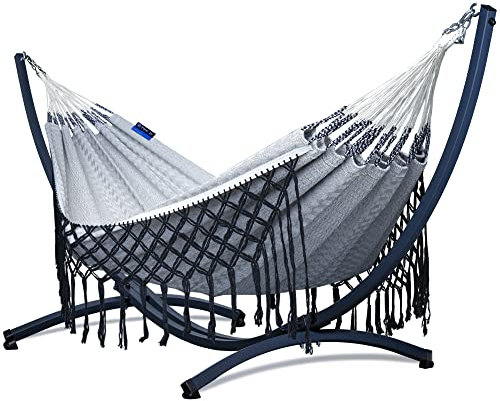 Potenza Outdoor Hängematte mit Gestell für 2 Personen I Medelin Boho- 100% Baumwolle Doppelhängematte 230x160, 200kg I Hängemattengestell 220kg, wetterfest (Basic Gestell Graphit, Grau)