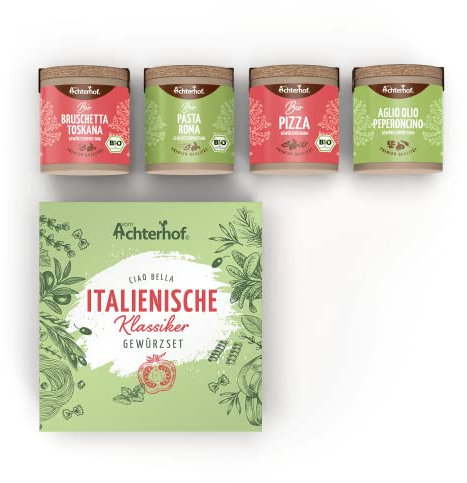 Italienische Klassiker Gewürzset | Aglio Olio Peperoncino, Bruschetta Toskana Bio, Pasta Roma Bio und Pizza Bio Gewürzmischung | aromatische Geschmacksvielfalt | ideal zum Verschenken | vom Achterhof
