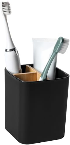 Bamboo Toothbrush Holder for Bathrooms, 3 Slots Toothbrush and Toothpaste Holder Bathroom Counter Organizer for Electric Toothbrushes, Floss, Razors - Black