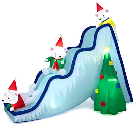 GOPLUS 220cm aufblasbare Weihnachtsdeko, aufblasbare Rutsche mit 3 Eisbären & Weihnachtsbaum, Weihnachtsrutsche mit LED-Beleuchtung & Gebläse, Beleuchtete Weihnachtsdekoration für Garten, Hof & Rasen
