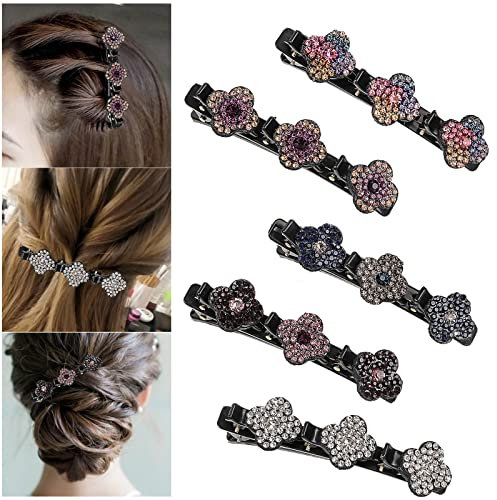 Haarspange mit Kristallblume 5 Stück Kolibri Haarspange mit 3 Clips Geflochtene Haarspange für Damen Frauen Mädchen Entenschnabel Strass Haarspange Doppelschicht Haarklammer