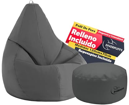 Diverpuff Puff Pera XXL Gris Exterior con Reposapiés y Relleno Incluido Ultra Cómodo para Leer Jugar o Descansar Ideal para Niños y Adultos Diseño Interior Exterior Antiestrés Uso Diario