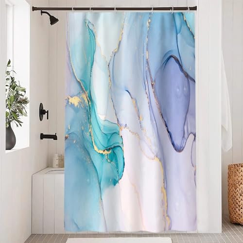 Uiiooazy Rideau Douche Anti Moisissure, Rideau de Douche 120x200cm Turquoise Effet Marbre Bleu Violet Rideaux de Baignoire Tissu Lavable Imperméable Polyester Rideaux Salle de Bain avec 8 Crochets